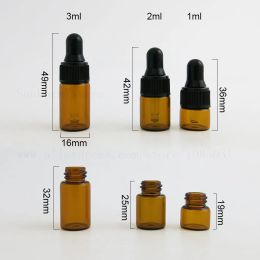 Flacons compte-gouttes spéciaux en verre ambré, 500 pièces, 1/ 2/ 3 ml, avec bouchon noir, huile essentielle, parfum, échantillon, bouteille rechargeable