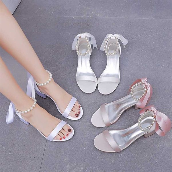 Top 5cm sandales à talons épais avec une encoche peu profonde sandales champagne satin tissu mariée blanc robe de mariée pour femmes 240228