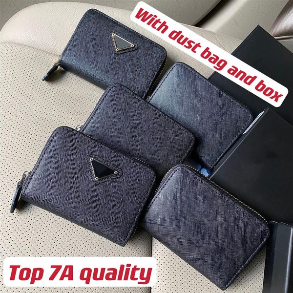 Top 7A Cartera pequeña con cremallera de cuero Saffiano con bolsa para polvo 5 tipos de logotipo Oro Plata Hardware Diseñador Tarjetas cortas Titulares Lad238b