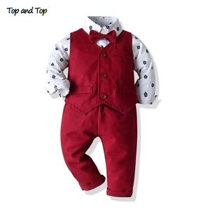 Top et garçons Gentleman ensemble de vêtements coton à manches longues noeud papillon chemisegiletpantalon 3 pièces costume enfants garçon vêtements décontractés 220326