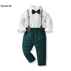 top en kinderen jongens formele kleding set peuter jongen gentleman lange mouw wit shirt + bretels broek kleding outfits 220326