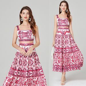 Top et robe ensembles de créateurs femmes Paisley Floral deux pièces ensemble 2024 vacances d'été chemisiers à bretelles et coupe élégante jupe froncée femme fête robe de bal costumes