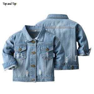 Top en lente herfst kinderen casual jas meisjes gescheurde gaten jeans jassen kleine jongens denim bovenkleding kostuum 12m-6Y 211011