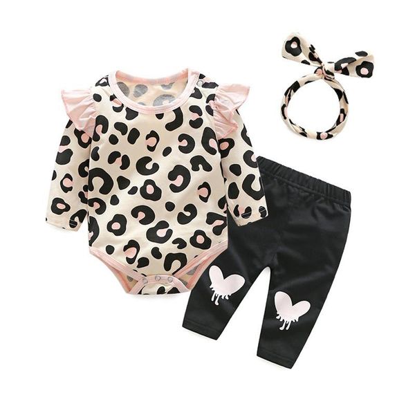 Haut et haut bébé filles vêtements ensemble automne nouveau-né bébé fille vêtements imprimé léopard barboteuses bandeau pantalon 3 pièces tenues ensemble