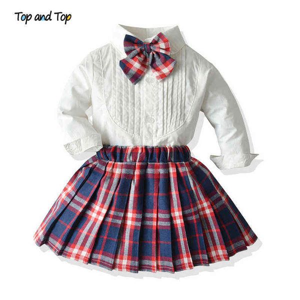 Top and Top Cute Summer Girls Conjuntos de ropa de manga larga blanca Bowtie Shirt Tops + Tutu Dress Kids Casual Plaid Outfit G220310
