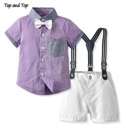 Top en top Summer Kids Boys Casual Clothing Sets korte mouw paarse shirt overalls Children Boy Gentleman Outfits Bebe Suit X0504817957