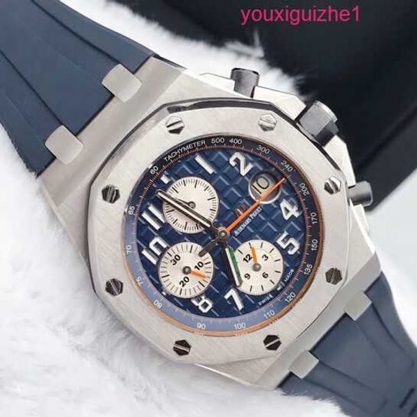 Top AP Reloj de pulsera Serie Royal Oak Offshore Maquinaria automática de acero de precisión 42 mm Función de sincronización de fecha Reloj para hombre Placa azul 26470ST.OO.A027CA.01 Correa de caucho