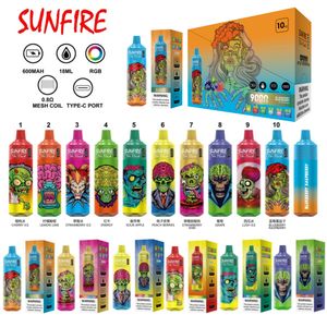 Top authentique Sunfire Tornado 9000 Puffs Ecugarettes jetables 0% 2% 5% Mesh Bobine RGB Vape Vape Puffes 9k 10000 7000 8000 Vapers Kin Bar Vapor Factory