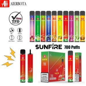 Top authentique Sunfire TPD 700 Puffs Vape Disposable 2 ml Préfaisé 10 saveurs enregistrées 0% 20% 30mg 50mg E Cigarettes 550mAh