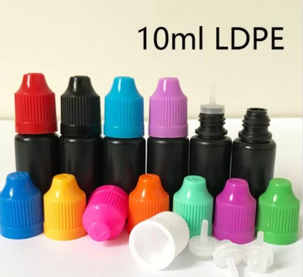 Flacon compte-gouttes noir supérieur, bouteilles vides en plastique avec embouts longs et fins, bouchon de sécurité inviolable pour enfants, aiguille 10ml 30ml