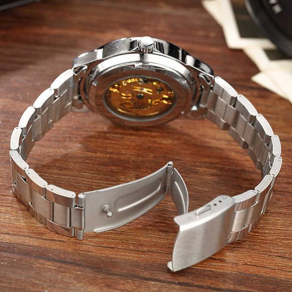 Top Brand Automatic Mécanique Montre à bracelet Men Men Silver Steel Skeleton Self-Wind Mens Watch Gifts Clock Relogios Masculino
