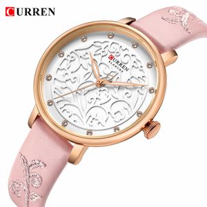 Topmerk Curren Dames Horloges Roze Lederen Horloge Met Rhinestone Damesklok Mode Luxe Quartz Horloge Relogio Feminino Q0524