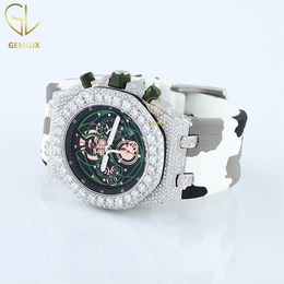 Deluxe 2024 Topmerk Aangepaste Iced Out D VVS Moissanite Diamond Handmade Mechanical Leather Band Branded Quartz Watch voor mannen