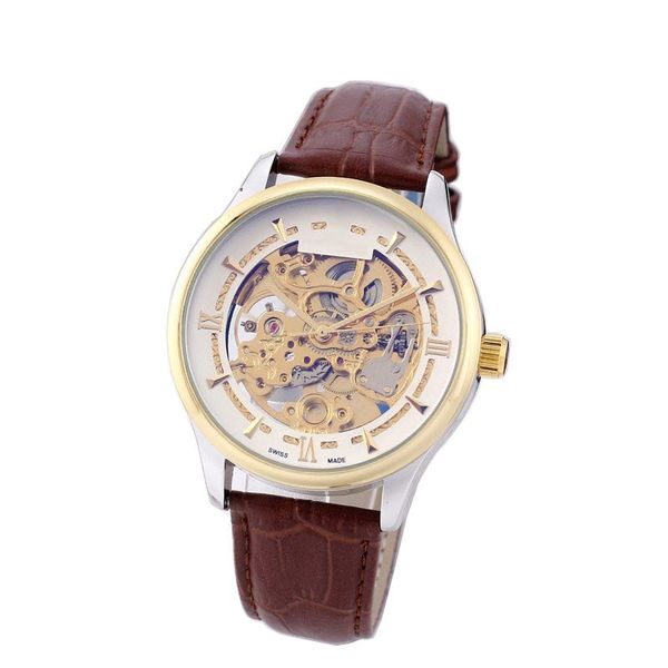 Relojes de lujo para hombres de primeras marcas Reloj de diseño para hombres de negocios Esqueleto con esfera Correa de cuero genuino Mecánico Automático Relojes de pulsera dorados de 43 mm para regalo de Navidad para hombres