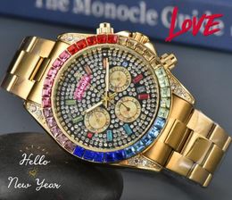 Top marque de luxe hommes montres chronomètre Quartz batterie mouvement chronographe horloge diamants colorés anneau brillant cadran étoilé montre-bracelet non mécanique cadeaux