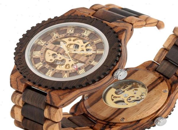 Top Brand Mens Watches Round Automatic Watch for Men Fashion Wood Clock Ajustement Bracelet en bois Réglable Mécanique Wristwatch268O3504673