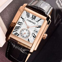 Top Brand Square Mens Montre aux bracelets Unique Design Rose Gold Calendar Stop Watch Genuine Leather Quartz Business Male Clock