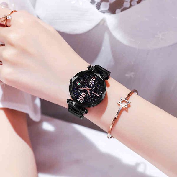 Top Brand Relojes para mujeres Rose Gold Mesh Imán Hebilla Reloj de cuarzo estrellado Superficie geométrica Casual Mujeres Relojes de pulsera de cuarzo 210517