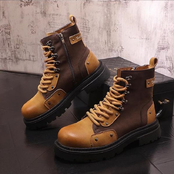 Top Casual High Leather Chaussures British Retro Mid Calf Patchwork Men S TOLLING SURDOOR BOTTER BOOTS A COT