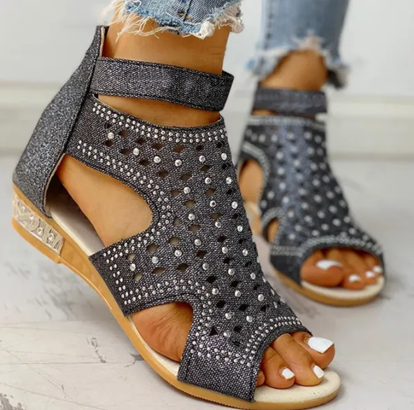 Sandalias clásicas superiores con diamantes de imitación para mujer, Boca de pez hueca, tacón de cuña pequeño, sandalias romanas con cremallera trasera, talla grande