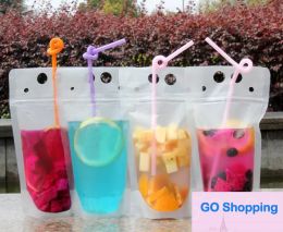 Bolsas para bebidas transparentes superiores Bolsas Botellas de agua Cremallera esmerilada Bolsa de plástico para beber con pajita y soporte Cerrable a prueba de calor 500 ml