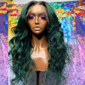 Top Closures sans colle vert foncé ombré, cheveux synthétiques Lace Front pour femmes, Body Wave, Fiber résistante à la chaleur, densité quotidienne 180%