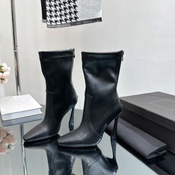 Top bottes en cuir de vache Toe 10,5 cm talons hauts bottillons embelli zip mode botte extensible créateurs de luxe pour femmes chaussures chaussures d'usine taille 35-42 avec boîte