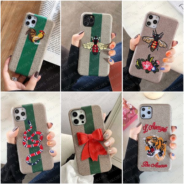 Coques de téléphone 3D haut de gamme pour iPhone 13 13pro 12 Mini 12pro 11 Pro Max X Xs Xr 8 7 Plus 8plus 7plus Bowknot broderie fibre Animal tigre canard imprimé coque coque