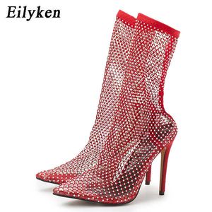 Diseño superior Crystal Rhinestone Mes tela elástica botas de calcetines rojos moda PVC TOE TOE TOETES SEXY SEXY SHOEL 230306