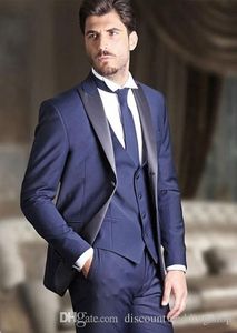 Top Design Bruidegom Tuxedos Blue Peak Revroom Groomsmen Beste Man Pak Bruiloft Mens Suits (jas + Broek + Vest + Tie) J397