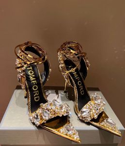 Top Design Mujeres Tomxford Sandalias Zapatos Espejo Cuero Piedras de cristal Joya puntiaguda Tobillo Tacones altos Fiesta Vestido de noche Bombas de lujo EU35-42
