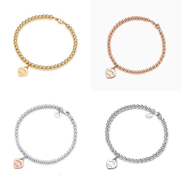 Bracelets de charme de bracelet de designer supérieurs 100% sier 4 mm perle ronde Bracelet en forme de coeur Femelle Placage de fond épaissi pour la petite amie souvenir