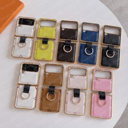 Top Designer Bloem Letter Mobiele Telefoon Gevallen voor Samsung Z Flip 4 3 Leather Back Print Case Fold Cover Flip4 Flip3 Anti Slip Shockproof Finger Ring