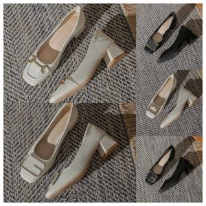 Top Designer High Square Toe Wit Wromende Dames modieuze middelste hakken zachte zolen dikke hakken en enkele schoenen