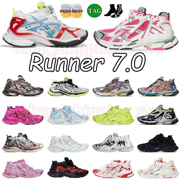 Top Designer Runner 7.0 Tracks Zapatos de vestir de plataforma de lujo Graffiti blanco negro Cuero rosa BURDEOS Entrenadores de deconstrucción para hombres Corredores para mujer 7 jogging 35-46