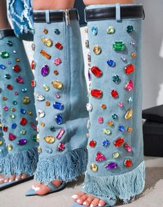 Top Designer dames coole knielaarzen Gekleurde steentjes 2023 denim hoge hak coole laarzen 35-42