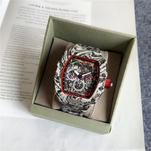 Topcijferige versie Skeleton Dial All Fiber Pattern Case Japan Sapphire Herenhorloge Rubber Designer Sport Watches262v