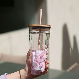 Top Drinkware Cherry Blossom Cup Pink Bird Song en bloemengeur Dubbellaags Glazen stro Cup grote capaciteit waterbeker warmtebestendige cadeaubot
