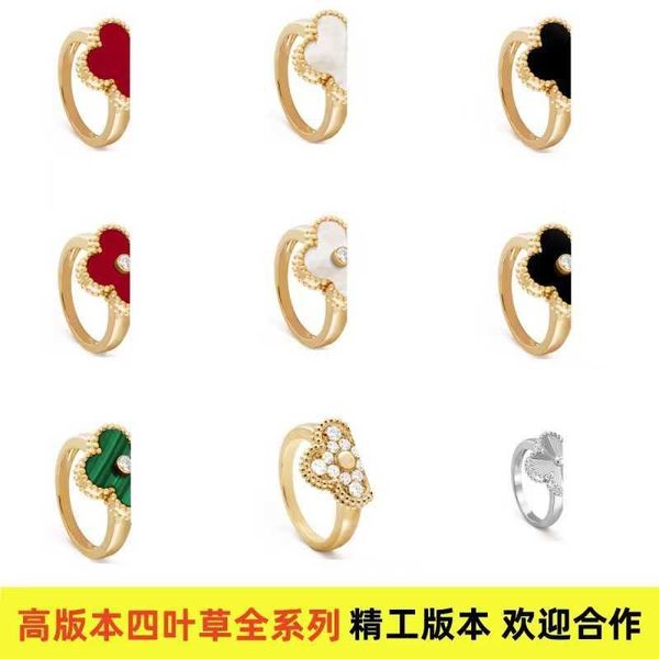 Anneaux de créateurs haut de gamme pour femmes High Version V Golden Four Leaf Grass Ring Red Jade Médaille Full Diamond Ring Fashion Black Agate Live Broadcast