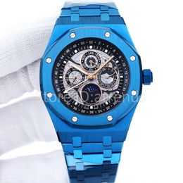 Top Fashion Mechanical Mechanical Saboning Men Dial azul Dial 41 mm Día del día de vidrio Fase de la luna Fase de pulsera Inventable Reloj de banda de acero inoxidable completo