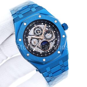 Topmode automatisch mechanisch zelfopwindend horloge heren blauwe holle wijzerplaat 41 mm saffierglas dag datum maanfase casual horloge volledig roestvrijstalen klok 3251
