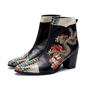 Botas de moda para Hombre, Botas con punta en pico para Hombre, Botas de Hombre de cuero genuino con bordado de dragón, Botas de tacón alto de 7CM para fiesta y boda