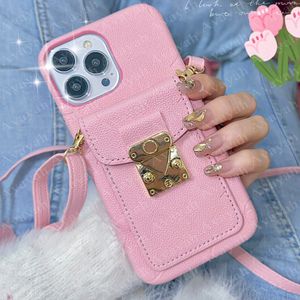 Top Fashion Imprint Letter Flower Phone Case voor iPhone 14 14Pro 13 13Pro 12 12Pro 11 Pro Max Retro Lock Door Trendy Card Slot Holder Pocket Cases Cover with Riem