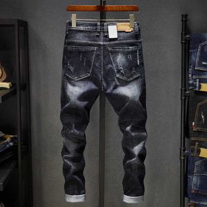 Los mejores pantalones vaqueros de moda para hombre de la marca Robin 2020 Hip Hop primavera otoño rasgados para hombres de algodón sólido de longitud completa Color negro medio venta X0621