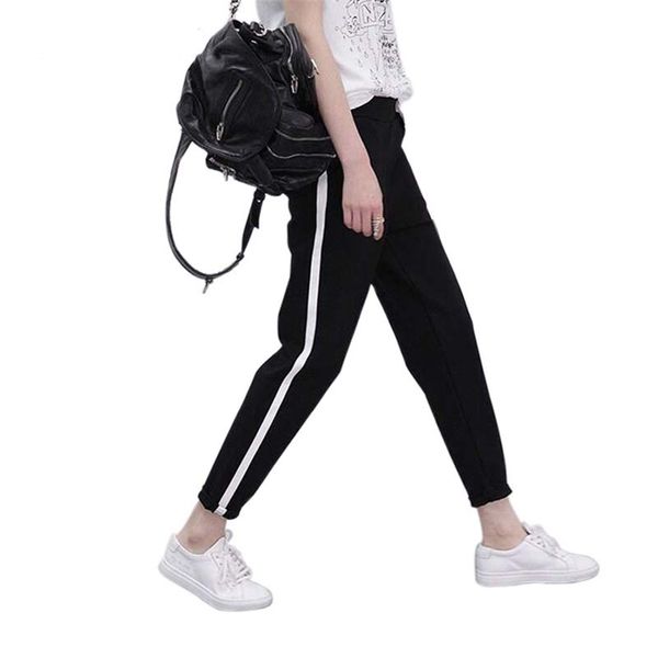 Top Moda Mujeres Cuero Rayado Harem Pantalones Mujeres Negro Casual Casual Pantalones de cintura altos Drawstring Pantalones sueltos Pantalón Femme 210522