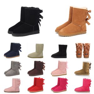 Top moda mujer botas de nieve diseñador cuero Real Bailey castaño tobillo corto arco bota de piel Luxurys plataforma azul marino Bowknot 36-41