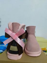 Mode femmes Grils bébé bottes de neige vache fendu en cuir véritable noeud bottines couleur noire fleur Style chaussures botte