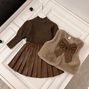 Top Girl Dresses Designer Baby PartyDress Kids Herfst Set Maat 100-140 Faux bont Vest Gebreide shirt Lederen rok nov05