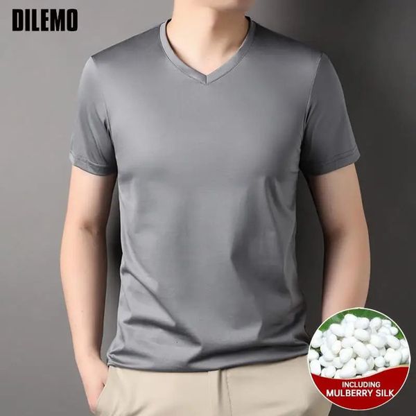 Top Grade 1,7% Mulberry Silk Brand Tops V Neck T-shirts pour hommes Summer Soueve Casual Fashion Mens Vêtements 240410