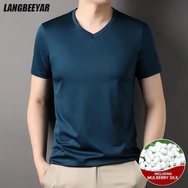 Top Grade 1,7% Mulberry Soik Summer Brand Tops V Neck T-shirts For Hommes Clothing Fashion Mens à manches courtes 240425
